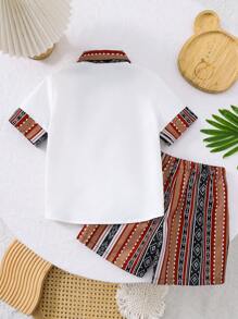 SHEIN 2pcs/Set Young Boy Loose Casual Simple Comfortable Versatile Pattern Patchwork Polo Collar Shirt And Pants Set