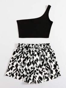 SHEIN VCAY Plus One Shoulder Top & Allover Print Belted Summer Shorts
