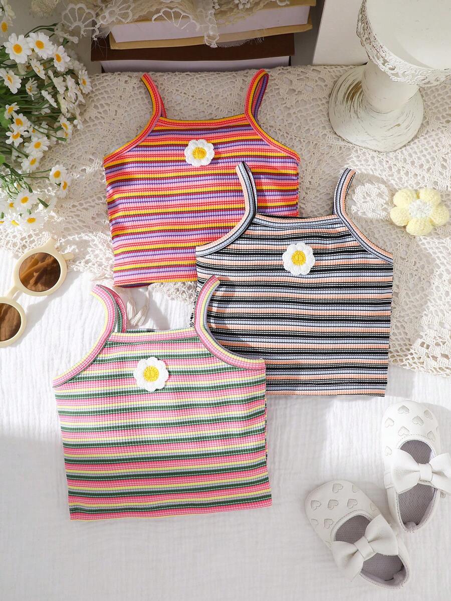 3 Packs Baby Girl Colorful Striped Camisole Tops - Multicolor - View 1