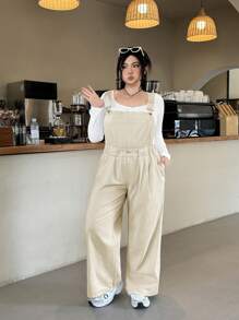 SHEIN EZwear 大码女式口袋阔腿宽松休闲牛仔连体裤 - 杏色 - 查看 1