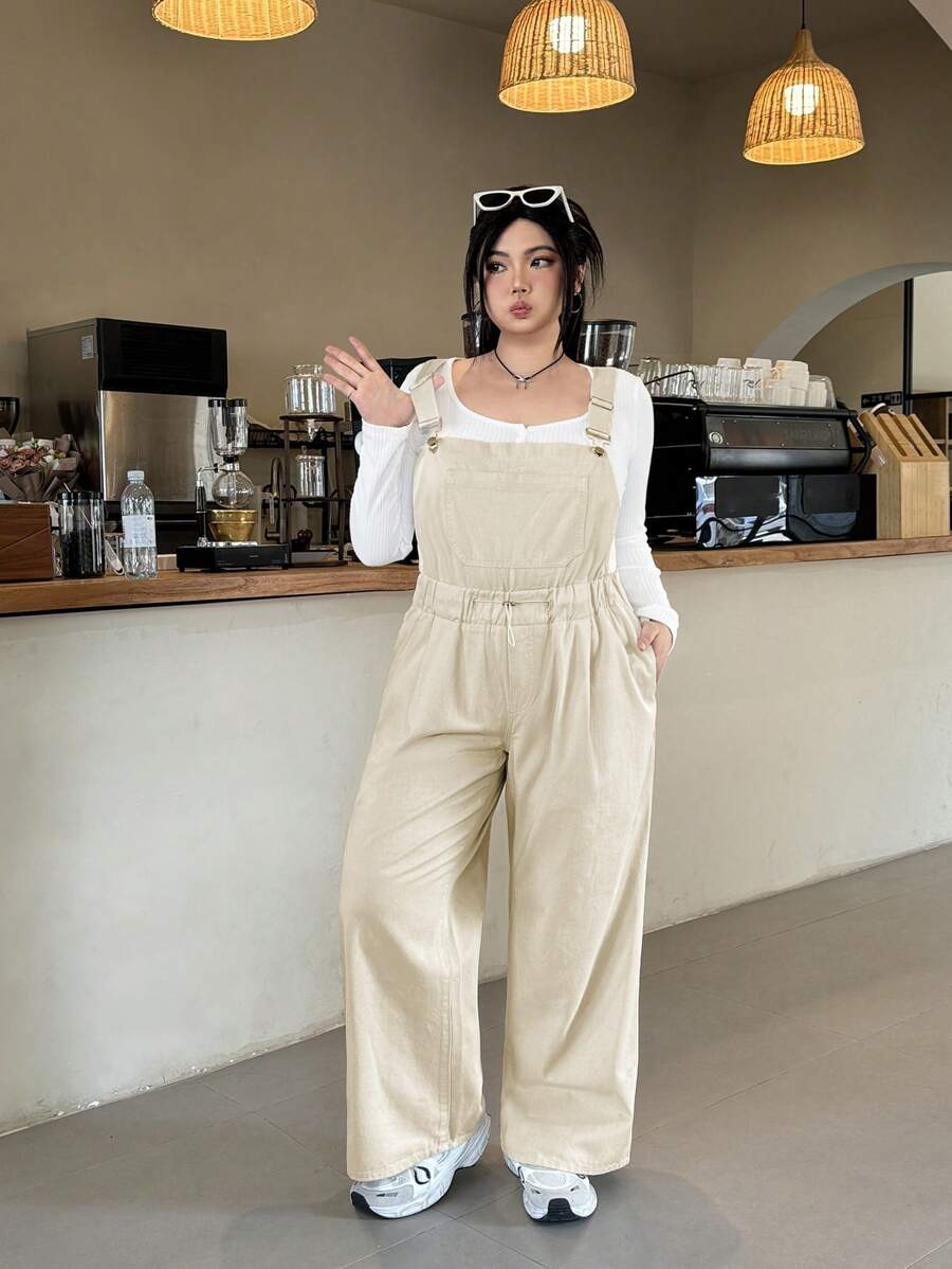 SHEIN EZwear 大码女式口袋阔腿宽松休闲牛仔连体裤 - 杏色 - 查看 1