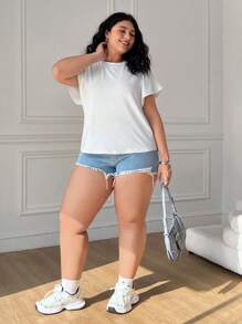 SHEIN EZwear Plus Size Effen Kleur Ronde Hals Korte Mouw Minimalistische Top, Casual Dagelijkse Kleding