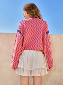 Skyraze Pink Wavy Pattern Cardigan, Minimalist Fashion Casual For Everyday Wear