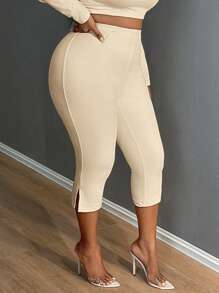 SHEIN SXY Leggings recortados divididos de color liso, leggings elásticos de cintura casual para uso diario, ropa de mujer talla grande