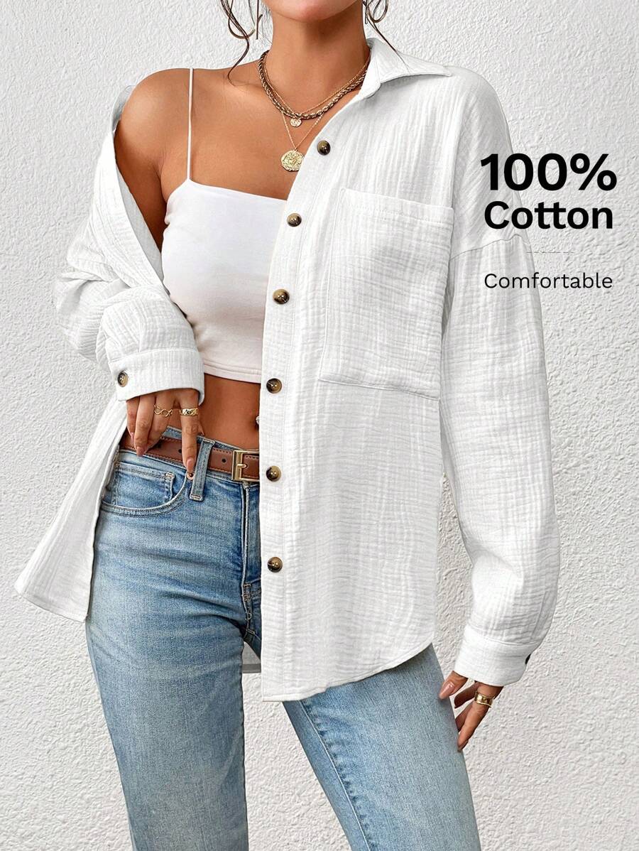 Siren Gaze Drop Shoulder Pocket Patched Button Front Shirt,Long Sleeve Tops
