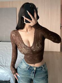 DAZY Blusa de encaje marrón con tonos de café, primavera/verano