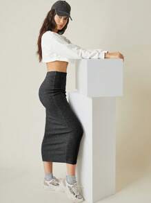 SHEIN BASICS Women Simple Solid Color Slim Fit Skirt, Casual Daily Wear - Dark Grey - View 3