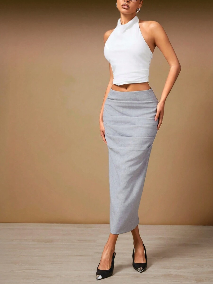 Hauture Summer Women Clothes, Women's Light Grey Ruched Skirt With Back Slit, For Date Night, Concerts, Performances, Parties, Clubs, Evening, Music Festivals - Grey - View 1