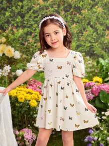 SHEIN Young Girl Gathered Puff Sleeve Fitted Woven Dress