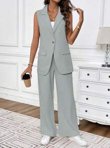 EMERY ROSE Women's Summer Casual Solid Color Vest And Long Pants Suit
