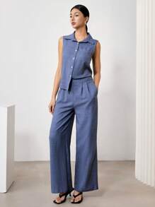EastFlair 2pcs Women's Solid Color Sleeveless Button Up Shirt And Pants Set - Blue - View 3