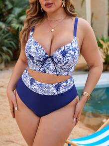 Swim SXY Plus Size Random Print Patchwork Solid Color Wire Free Padded Cup Swimwear Bikini Set, For Summer Beach Vacation - Multicolor - View 1