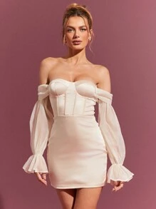 L'Amorae 女士服装，优雅香槟色缎面欧根纱露肩灯笼袖紧身迷你连衣裙，女士连衣裙，派对女士连衣裙，舞会礼服，优雅女士连衣裙，情人节连衣裙，正式女士连衣裙，长袖连衣裙。适合约会之夜、音乐会、演出、婚礼、派对、俱乐部、晚会 - 杏色 - 查看 5