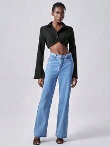 Chiquease Black Flare Sleeve Crop Top For Women, Fashionable - Black - View 3