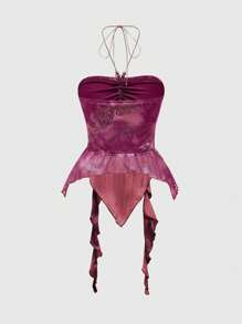 ROMWE Fairycore Top de tirantes con cuello halter, dobladillo asimétrico y estampado de paisley para mujer