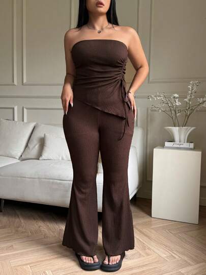 SHEIN EZwear 2 件套：咖啡色抹胸上衣和喇叭裤，加大码，春夏装