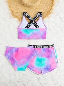 3pcs/Set Tween Girl Lovely Love Pattern Tie Dye Swimwear Set (Random Print) Summer Holiday - Multicolor - View 2
