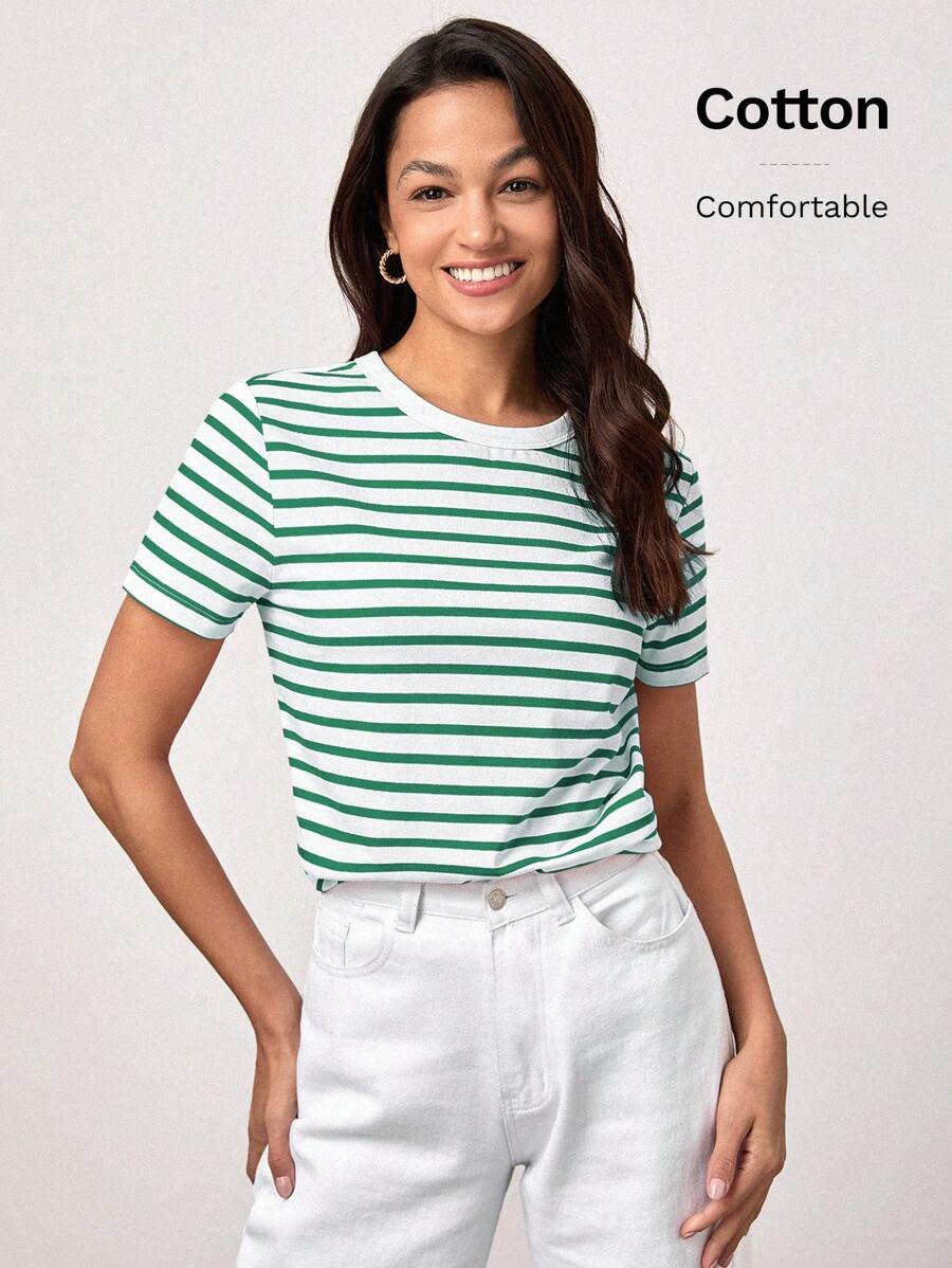 SHEIN BASICS 春夏款休閒條紋印花T恤 - 綠色 - 查看 1