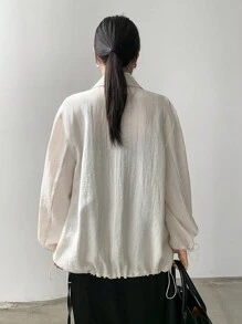 Dazy-Less Chaqueta de traje de negocios casual y holgada con cordón, ajuste regular de lino de dinero viejo, ropa de mujer de otoño, abrigos de mujer - Beis - Ver 5