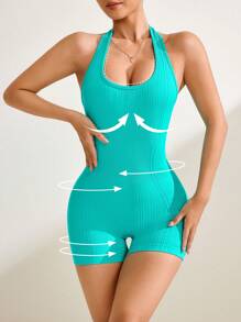 Easithlete Seamless Knitted U-Back High Waist Lifting Romper - Green - View 2