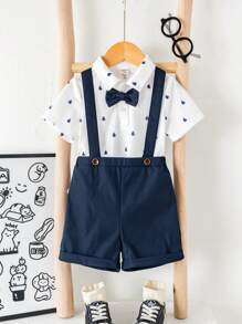 SHEIN Set de 2 piezas de top de punto y pantalones cortos informales para niño/niña pequeños, adecuado para uso diario en primavera/verano y eventos como fiesta de cumpleaños, bautizo, 1er cumpleaños, fiesta de noche, actuación, boda