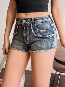 SHEIN EZwear Pantaloni scurți din denim pentru femei, casual, skinny, elastici, cu talie joasă, super scurți, western western women, cowgirl, pantaloni scurți pentru femei, country concert, pantaloni scurți blugi, pantaloni scurți pentru femei, blugi scurți, pantaloni scurți cu talie joasă