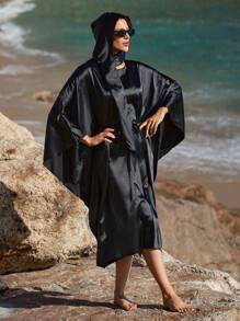 Women's Solid Color Round Neck Batwing Sleeve Cover-Up Dress, For Summer Beach Vacation - Black - View 7