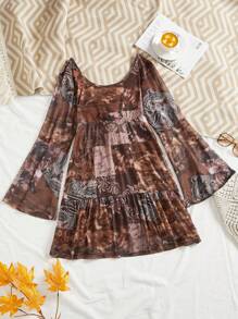 SHEIN VCAY Plus Size Retro Patchwork Print Flared Sleeve Dress - Multicolor - View 2