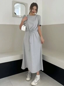 DAZY 2pcs Women's Solid Color Drawstring Cropped T-Shirt & Split Hem Skirt Set - Grey - View 7