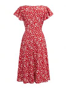 SHEIN Frenchy Women's Holiday Floral Print Short Sleeve Mid-Calf Dress,Spring/Summer, Suitable For Daily Wear, Romantic And Elegant Valentine's Day, Ruffle Sleeves, Slit Dress,Red Print