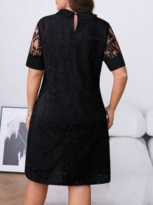 SHEIN Clasi Women's Peter Pan Collar Splicing Lace Sleeve Heterogeneous Fabric Contrasting Design Straight Fit Casual Slim Fit Short Sleeve Dress