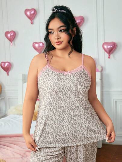 J-Fashion Ensemble de pyjama grande taille avec camisa à imprimé léopard Y2K en dentelle et patchwork