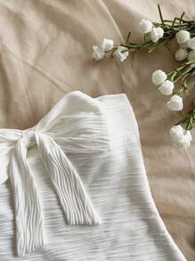 Soleia Vrouwen vakantie gebreide ivoor golvende textuur strikken decor taille gebonden bodycon mini jurk, geschikt voor feest, date, Valentijnsdag, Kerstmis, afternoon tea
