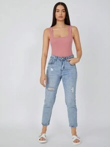 SHEIN BASICS 女款純色方領修身休閒背心上衣 夏季女裝 - 藕粉色 - 查看 5