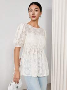 EastFlair Women's Lantern Sleeve Round Neck Casual Loose Top, For Spring/Summer Everyday Wear/Vacation\White - Apricot - View 5