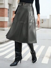 Aveloria Modichic 女式波西米亚风高腰 PU 腰带喇叭形复古中长裙，秋季 - 灰色 - 查看 2