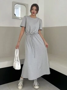 DAZY 2pcs Women's Solid Color Drawstring Cropped T-Shirt & Split Hem Skirt Set - Grey - View 3