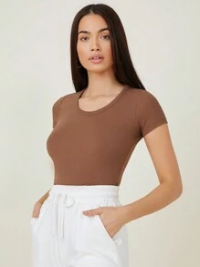 SHEIN BASICS 女士纯色圆领短袖修身休闲 T 恤 - 咖啡棕 - 查看 3