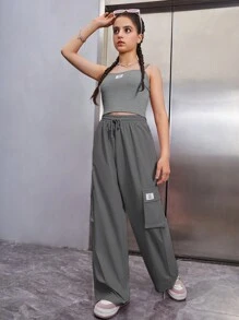 SHEIN Teen Girls' Solid Color Sports Sleeveless Top And Leggings Set - Grey - View 5
