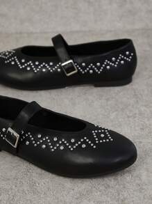 SHUZIA Women Comfortable Almond Toe Ballet Flat Mary Jane Studs Detail Black - Black - View 6