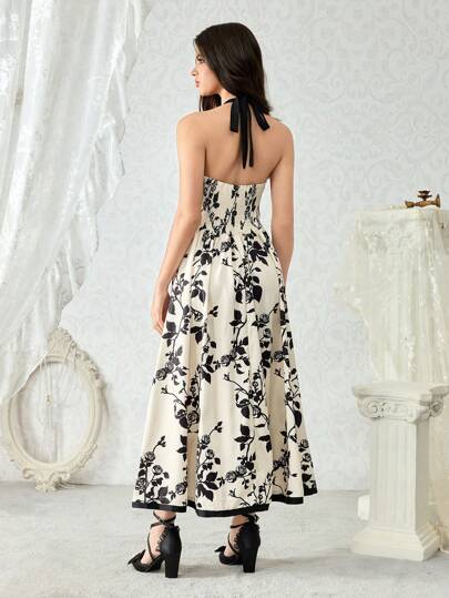 Kawaii Retro Palace Style Rose Floral Printed Maxi Neck Dress For Tea Party Outfit