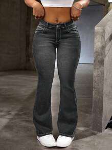 SHEIN PETITE Women's Casual Flared Jeans With Pockets, Versatile