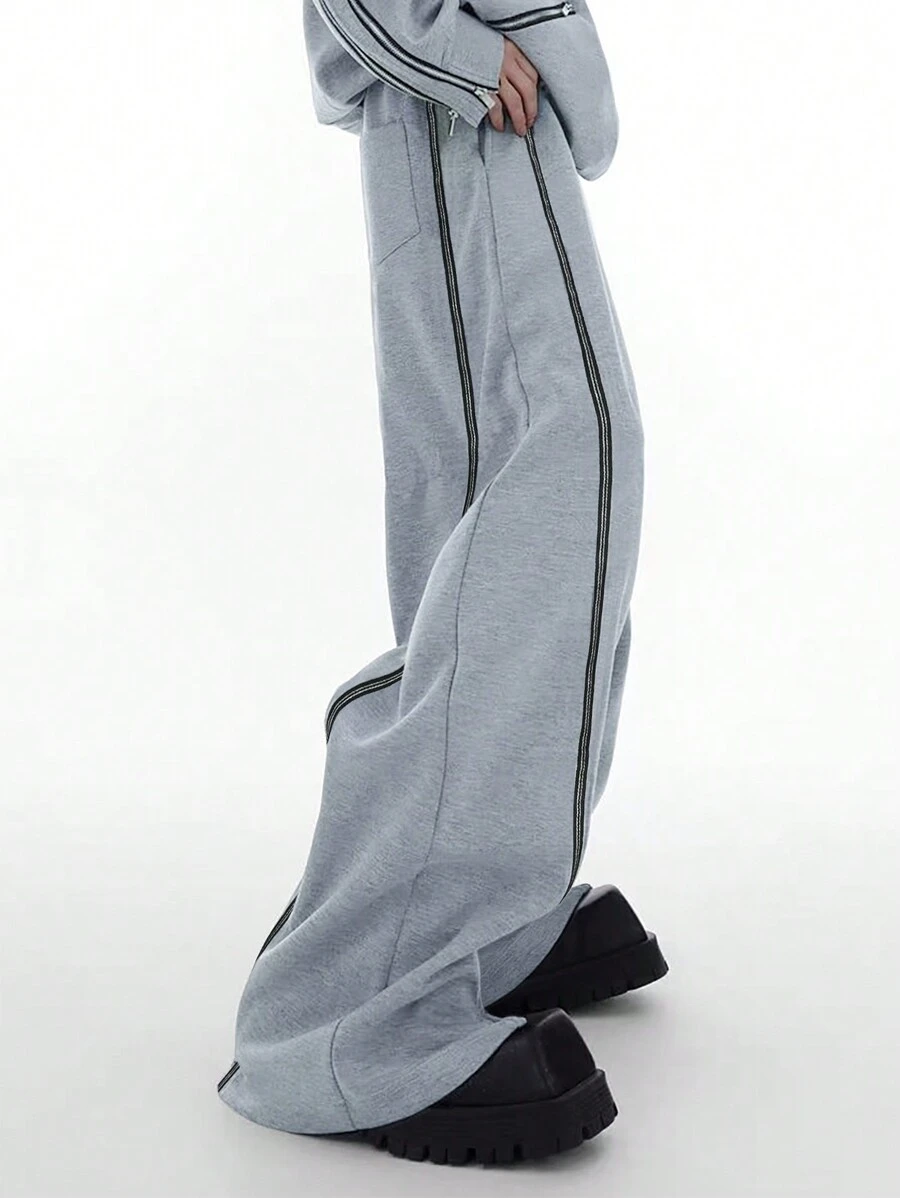 Chillumni 男士条纹抽绳腰阔腿宽松休闲运动裤 - 灰色 - 查看 1