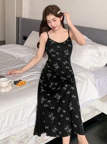 DAZY Chinese Style Elegant Velvet Print Spaghetti Strap Women Nightgown Pajama