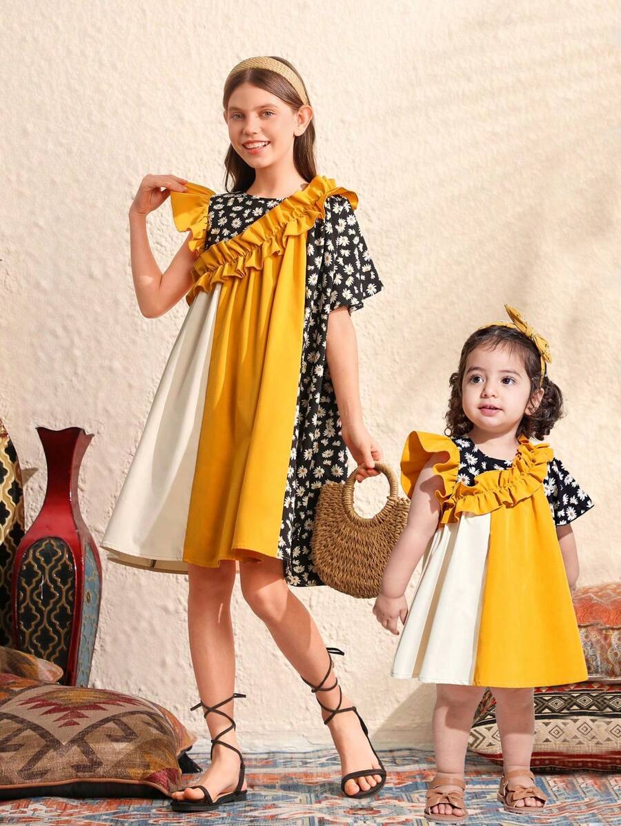 SHEIN Leap Crew Summer Cute Colorblock Ditsy Floral Ruffle Hem Dress For Baby Girl - Yellow - View 1