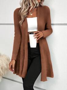 SHEIN LUNE Ruffle Hem Casual Design Cardigan,Long Sleeve Tops - Coffee Brown - View 4