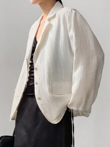 Dazy-Less Chaqueta de traje de negocios casual y holgada con cordón, ajuste regular de lino de dinero viejo, ropa de mujer de otoño, abrigos de mujer - Beis - Ver 4