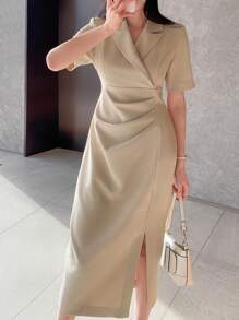 DAZY Đầm suông dài vừa phải xếp ly cổ bẻ màu trơn cho nữ thanh lịch - Màu Khaki - Xem 6