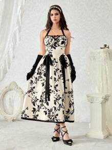 ROMWE Kawaii Retro Palace Style Rose Floral Printed Maxi Neck Dress For Tea Party Outfit