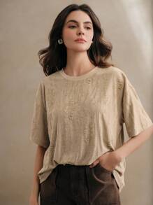 Anewsta Modern Elegant Casual Round Neck Knitted Textured Loose T-Shirt Tops, Going Out Summer Outfits For Women - Khaki - View 7